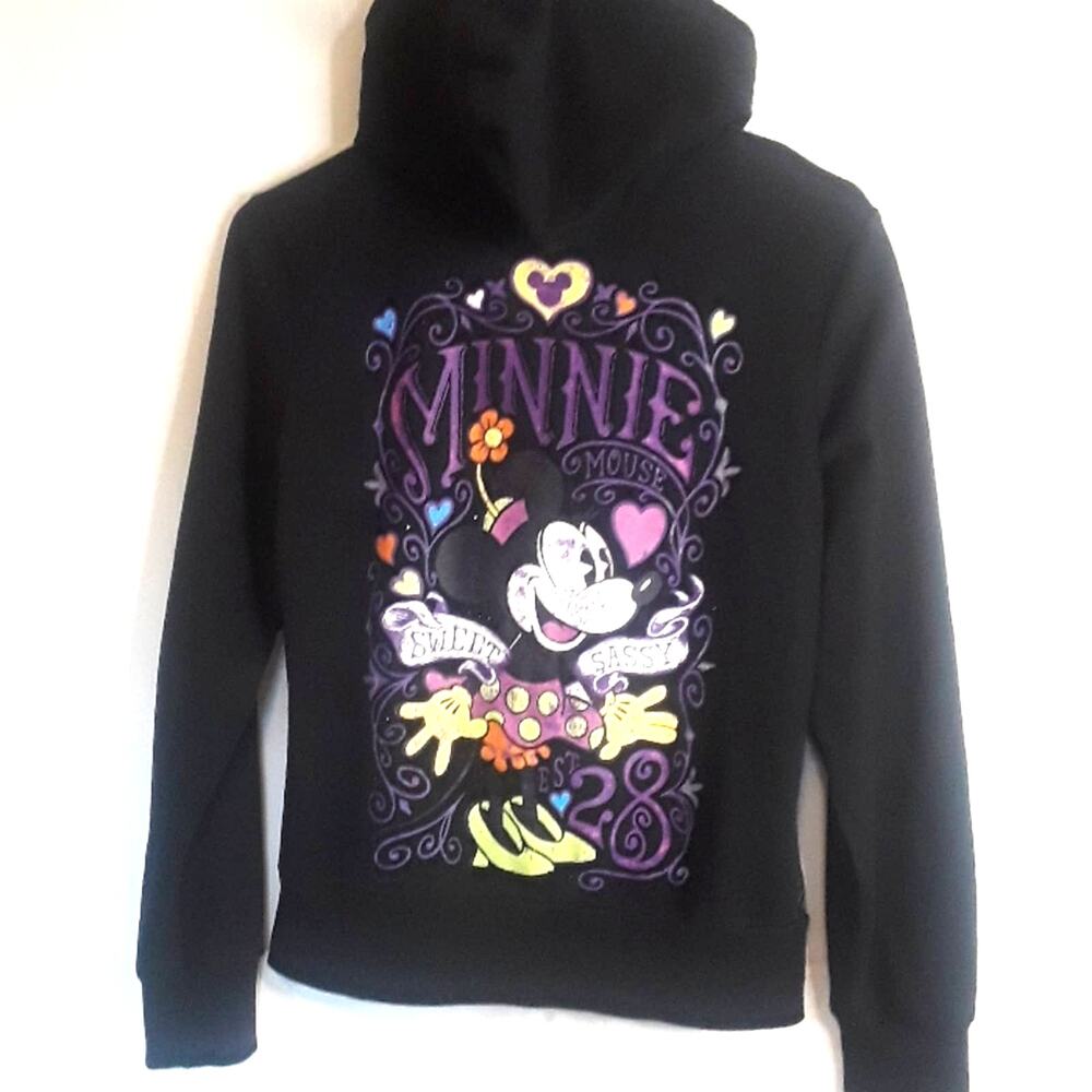 Minnie Mouse Girls Sz M Disney Parks Black All Over over all Graphics Hoodie